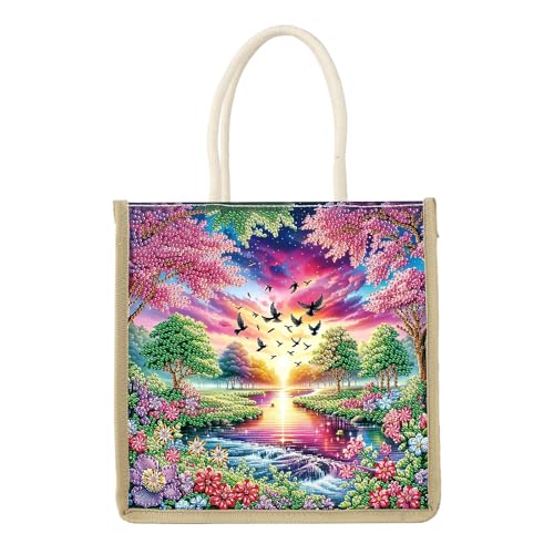 JZHYOAN Landscape DIY Diamond Painting Canvas Tote Bags Package Portable Reusage Handmade Shopping Storage Package DIY Diamond Art Tote Bag Kit Gem ArtTote Bags with Diamonds for Adult Family