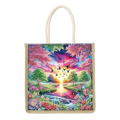 JZHYOAN Landscape DIY Diamond Painting Canvas Tote Bags Package Portable Reusage Handmade Shopping Storage Package DIY Diamond Art Tote Bag Kit Gem ArtTote Bags with Diamonds for Adult Family