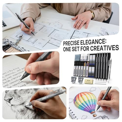 WUO Mechanical Pencil Set, 5 Pack Drafting Pencils 0.3/0.5/0.7/0.9/2.0mm | Mechanical drawing pencils, 312 lead refills, erasers/sharpeners for drafting, technical drawing, sketching, writing & art - color: Grey, size: 0.3/0.5/0.7/0.9/2.0