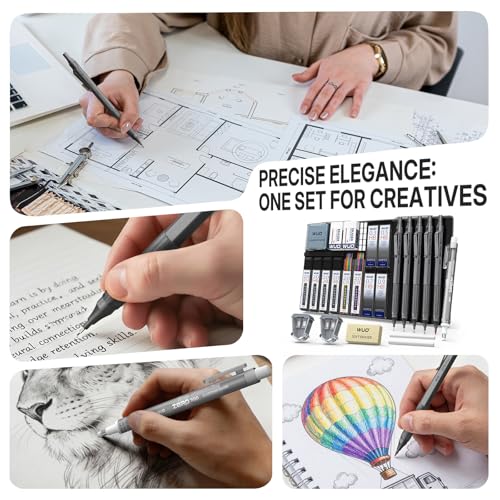 WUO Mechanical Pencil Set, 5 Pack Drafting Pencils 0.3/0.5/0.7/0.9/2.0mm | Mechanical drawing pencils, 312 lead refills, erasers/sharpeners for drafting, technical drawing, sketching, writing & art - color: Grey, size: 0.3/0.5/0.7/0.9/2.0