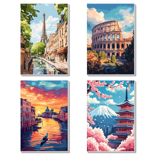 obterie 4 Pack Framed Paint by Numbers Kit for Adults Beginner Canvas Painting by Numbers for Adults Landscapes Easy Adult Paint by Number Kits with Frame City Watercolor Painting by Number 8x12 Inch - color: YFc0104