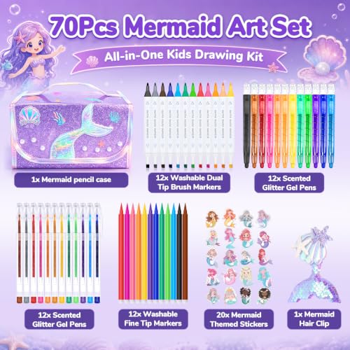 DreamyCandy 70 Pcs Washable Markers Set for Kids 4-8, Mermaid Art Set Gifts - color: Purple Mermaid