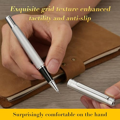 MCNTEIK Silver Rollerball Pen, Stunning Luxury Pen with Mesh Texture Design, Bright Silver Chrome Finish, Schmidt refill, Nice Gift Set for Men & Women, Executive, Office, Graduation, Fancy Pens - color: Silver