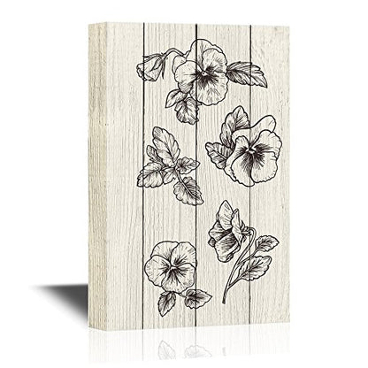 wall26 - Pansy Flower Canvas Wall Art - Pansy Flower Drawings on Wood Style Background - Gallery Wrap Modern Home Art | Ready to Hang - 12x18 inches - color: Pansy Art - 01, size: 18"L x 12"W