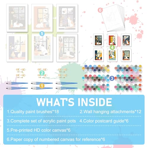 Offito 6 Pack Paint by Numbers Kit for Adults, Flowers Vase Cat, 10x14 Inch - color: BOP6PNP09