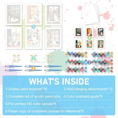 Offito 6 Pack Paint by Numbers Kit for Adults, Flowers Vase Cat, 10x14 Inch - color: BOP6PNP09