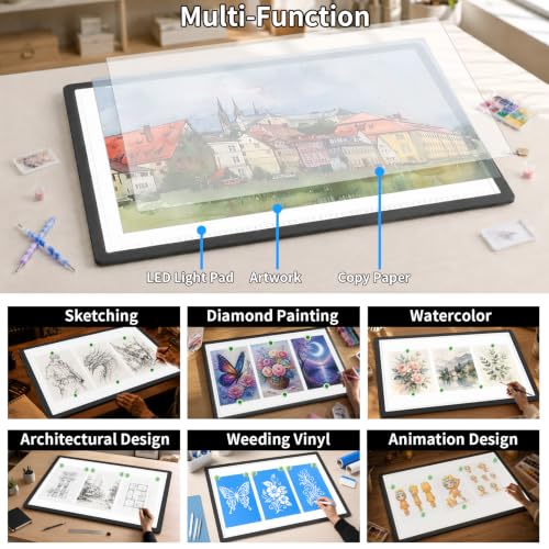 LEACUBER Rechargeable A2 Light Board 25.2''x18.4'', Large Magnetic Tracing Light Box with Side Buttons, Diamond Art Light Pad for Diamond Painting, LED Light Table for Sketching, Weeding Vinyl Black - size: A2