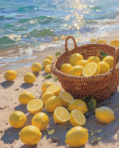 Lemon Paint by Numbers Kit for Adults,DIY Fruit and Beach Scenery Watercolor Painting Kit for Adult Beginners,Unframed Landscape Acrylic Paint by Number Kits Art Craft for Home Wall Decor 16X20 Inch. - color: MT22964