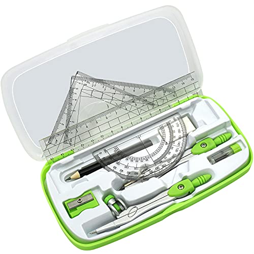 Akuoly Geometry Compass Kit Starter Maths Set with 2 Drafting Compasses Protractor Set Squares Ruler and More for Students Maths Study, Green