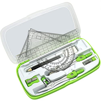 Akuoly Geometry Compass Kit Starter Maths Set with 2 Drafting Compasses Protractor Set Squares Ruler and More for Students Maths Study, Green