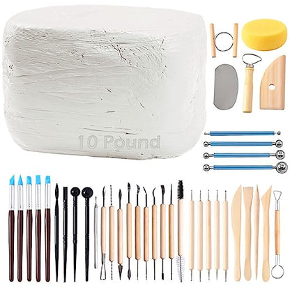ReArt Natural Air-Dry Clay, Pottery Clay10LBs with 40 Pcs Pottery Tools Clay Sculpting Tool Set, All-Purpose Modeling Clay (White) - color: White