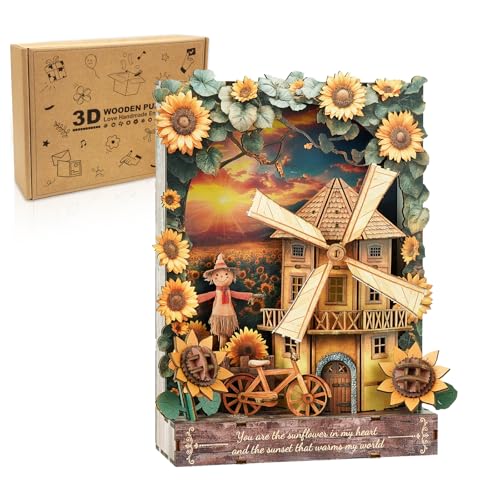 3D Puzzles for Adults Sunset Windmill Wooden Bloom Craft with LED Light - color: Sunflower-1