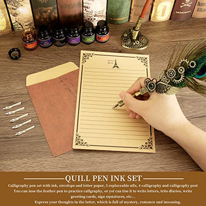 NC Quill Pen Ink Set, Feather Calligraphy Pen Set, Wax Seal Stamp Set, Valentine's Day Gift for Writing Lovers, Various Holiday Ideal Gift (Peacock Feather) - color: Peacock Feather