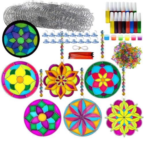 30 Sets Mandala Suncatchers Craft Kits Stained Glass DIY Window Paint Art | 30-piece Flower window art kit with mandala designs, perfect for spring crafts, summer parties, and creative activities - style: Mandala