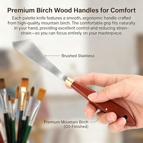 7-Piece Palette Knife Set, Stainless Steel Spatula & Mixing Scraper for Painting, With Birch Wood Handles for Oil Acrylic Watercolor Canvas Art Supplies, Blending & Texture Tools