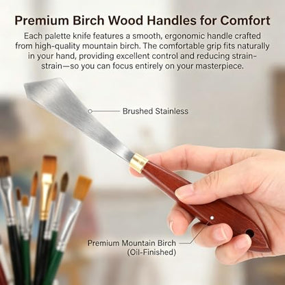7-Piece Palette Knife Set, Stainless Steel Spatula & Mixing Scraper for Painting, With Birch Wood Handles for Oil Acrylic Watercolor Canvas Art Supplies, Blending & Texture Tools