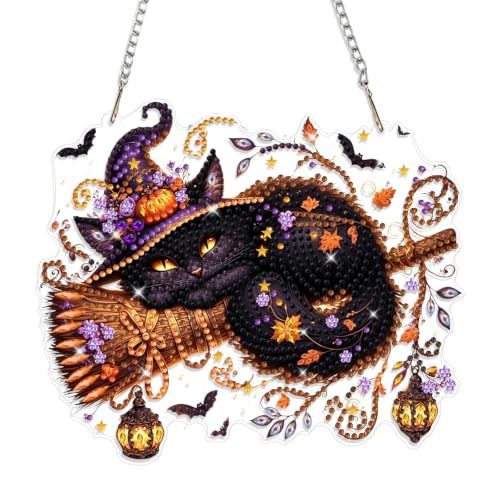 Halloween Black Cat Diamond Art Hanging Ornaments Kits for Adults, Fall Diamond Painting Pendant Kits, DIY Acrylic 5D Special Shaped Crystal Gem Art Painting Ornament for Home Decor 8x8 Inch - color: AS104