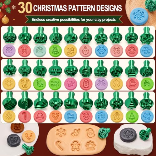 30 Pcs Christmas Pattern Clay Modeling Stamp Set with 72-Character Letter Stamps and Storage Box, Christmas Pattern Stamps for Polymer/Ceramic Clay, Pottery Craft, Cookie and Jewelry Making - style: Christmas