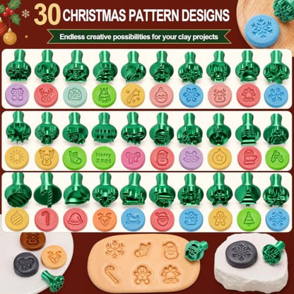 30 Pcs Christmas Pattern Clay Modeling Stamp Set with 72-Character Letter Stamps and Storage Box, Christmas Pattern Stamps for Polymer/Ceramic Clay, Pottery Craft, Cookie and Jewelry Making - style: Christmas