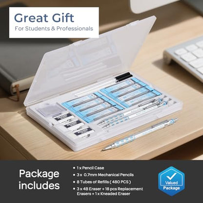 Nicpro Blocky Gear Mechanical Pencils 0.7 mm with Case, 3 Pack | Drafting Pencil with 8 Tube (480PCS) Lead Refills(HB 2B), 4 Erasers, 18 Eraser Refills for Art Writing, Sketching Drawing - style: 0.7mm