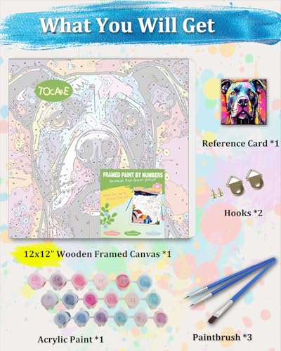 TOCARE Framed Paint by Numbers Kit for Adults Beginners & Kids Ages 8-12,12x12inch Pitbull Dog Paint by Number with Frame,Easy Dog Paint by Numbers Framed Canvas (Without Easel) - color: TC-F-291