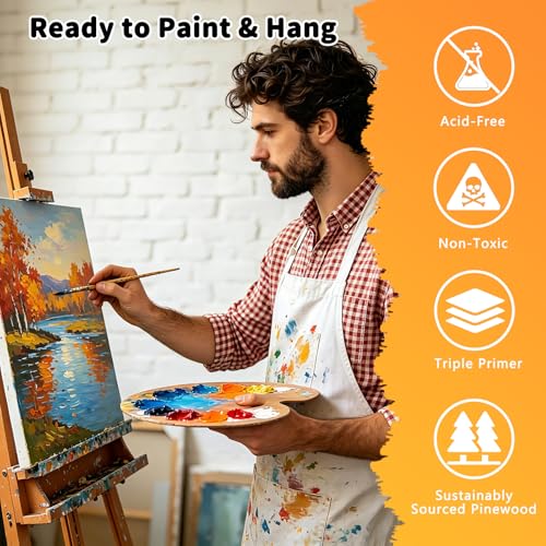 24-Pack Stretched Canvas 8 Sizes 100% Cotton for Acrylic Oil Mixed Media | 100% cotton with natural cottonseed husk, 5/8" deep profile, triple-gesso acid-free white canvas - size: 12"x16", 11"x14", 9"x12", 8"x10", 8"x6", 4"x6"