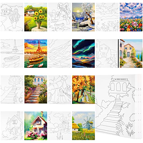 Sherr 10 Pcs Pre Drawn Canvas for Painting,Scenery,8 X 10 Inch | Preprinted Stretched Cotton Canvas for Adults, Pre Drawn Painting Outlines for Couple Date Night, Sip and Paint Party Favor - style: Scenery