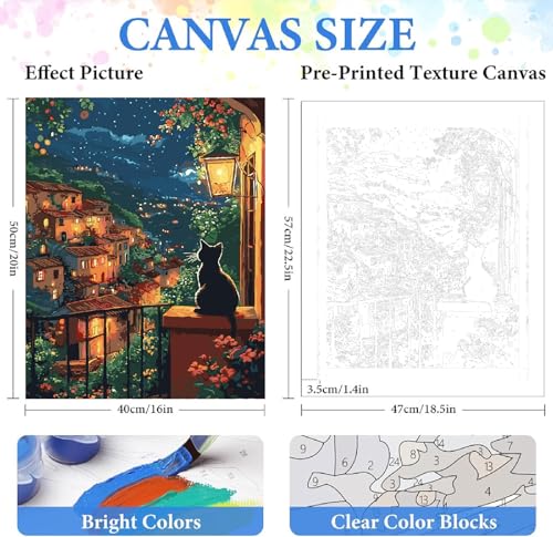 Landscape Paint by Numbers Kit for Adults Beginner,City Scape Cat,16x20" | Full set with wooden brushes,rolled canvas,rich paints.Calming activity.Beginner friendly.Just open and paint. - color: 16"X20"Rolled Canvas(Frameless)-Cat 7