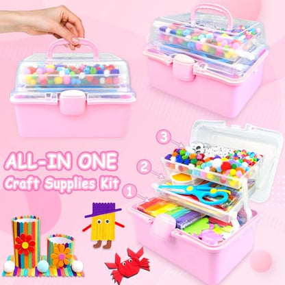 3000 Arts and Crafts Supplies for Kids Craft Kit Craft Box with Pipe Cleaners Arts and Crafts for Kids Age 4-6, 6-8, 8-12 DIY School Supplies Materials Set Toys Gifts for Girls Boys Toddlers, Pink - color: pink