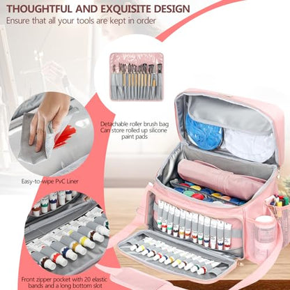 Acrylic Paint and Brush Set Organizer Bag - Carrying Case Compatible with Apple Barrel, Shuttle Art, Caliart Art Supplies - Includes Detachable Paint Brush Holder - for Home/Travel/Outdoor (Pro Pink) - color: Pro Pink
