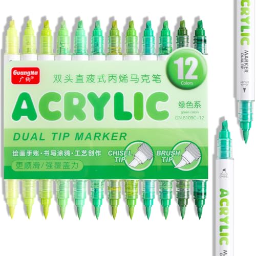 kander 12 Colors Dual Tip Acrylic Paint Markers, Green Color — Extra Fine & Soft Brush Pen Set with Direct Ink Flow for Sketching, Detailing, Coloring on Wood, Canvas, Rock, Glass, DIY Crafts - color: Green