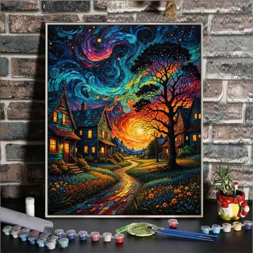 Starry Paint By Numbers Kit For Adults, Country Night Paint By Number Kits For Beginner Moon Acrylic On Canvas Diy Oil Painting Kit Adults' Paint-By-Number Kits For Gift Home Wall Decor 16x20 Inch - color: DD052