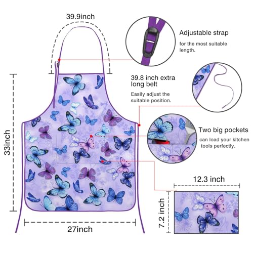 Apron with 2 Pockets,Kitchen Chef Artist Aprons for Cooking Gardening Baking Painting, Waterproof Apron 33" x 27" - color: Butterfly