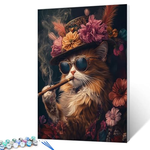 Cat Smoking DIY Paint by Numbers for Adults and Kids Animals Wear Sunglasses Paint by Number Kit on Canvas for Beginners Easy Acrylic Paint DIY Home Wall Decoration Gifts 16"x20" (Frameless) - color: Hat Animal-05, size: 16''x20''(Frameless)