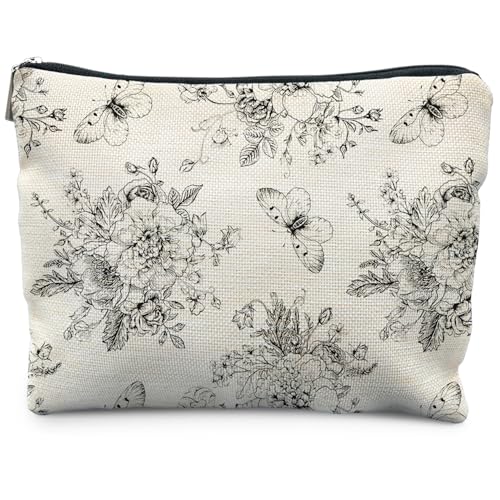 Vintage Boho Floral Butterfly Makeup Bag, Chinoiserie Black and White Cosmetic Bags for Women, Cottagecore Botanical Butterfly Zipper Makeup Pouch - color: Butterfly and flower