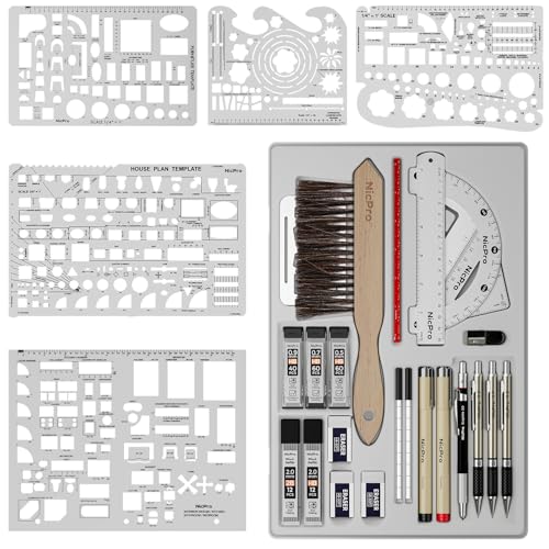 Nicpro 30PCS Professional Drafting Tools & Geometry Set with Case, Architect Protractor Set, Metal Mechanical Pencils, Pen, Scale Ruler Metal Ruler, 5 Drawing Templates for Interior Design House Plan - size: 30 PCS
