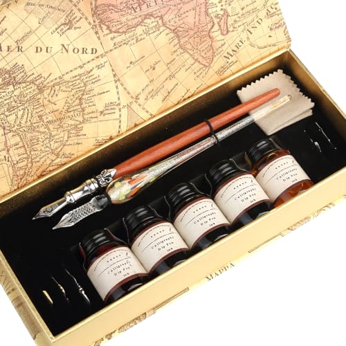 MU-02 Calligraphy Pen Set, Glass Dip Pen and Handcrafted Wooden Dip Pen Gift Set with 5 Colors Calligraphy Ink 6 Nibs, Calligraphy Set for Beginners