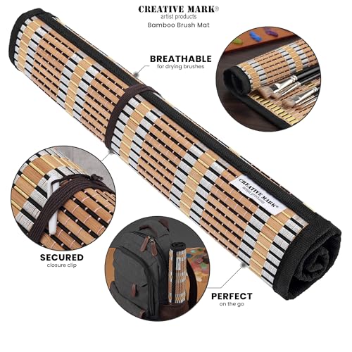Creative Mark Paint Brush Roll Up Case - Bamboo Brush Mat with Tie Closure, 8 Large Pockets for Short and Long Handle Brushes, Breathable Design for Artists, Teachers, Students (Pack of 2) - size: Large (Pack of 2)