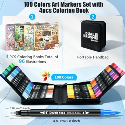 100 Colors Dual Brush Markers Pens with 4 Spiral Bound Adult Coloring Books
