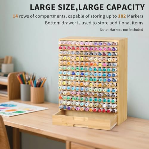 AUTOARK Natural Bamboo Marker Organizer with Drawer, AHK-065 | 182 Slots - size: 182 Markers