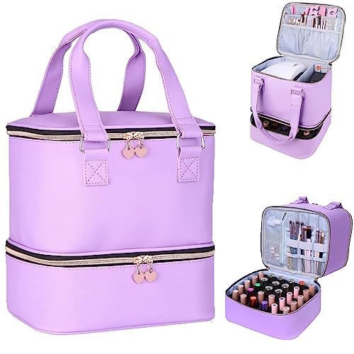 FCQQYWZ Nail polish Case, Nail Polish Organizer Bag and Nail Dryer Case Holds 30+ Bottles (15ml/0.5 fl.oz) and a Nail Lamp, Travel 2 Layer Nail Polish Storage with Sturdy Handles(Purple) - color: Purple-30Bottles