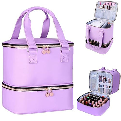 FCQQYWZ Nail polish Case, Nail Polish Organizer Bag and Nail Dryer Case Holds 30+ Bottles (15ml/0.5 fl.oz) and a Nail Lamp, Travel 2 Layer Nail Polish Storage with Sturdy Handles(Purple) - color: Purple-30Bottles