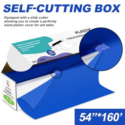 54IN X 160FT Plastic Table Cover Roll with Cutter Box, Cut to Size Plastic Table Cloths for Parties, Birthday, (Blue, 54"x1920") - color: Blue, size: 1920" x 54" (Rectangular)