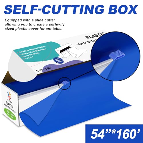 54IN X 160FT Plastic Table Cover Roll with Cutter Box, Cut to Size Plastic Table Cloths for Parties, Birthday, (Blue, 54"x1920") - color: Blue, size: 1920" x 54" (Rectangular)