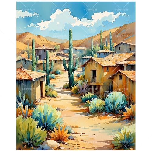 Desert Village Paint by Numbers Kit for Adults - DIY Southwestern Cactus Town Painting on Canvas, Acrylic Paint Set, Suitable for Beginners, Art for Home Decoration or Gifts(16X20IN Framed) - color: HSX00156, size: 16X20IN Framed