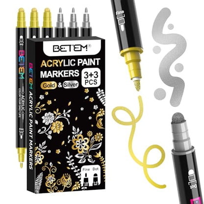Betem 6 Gold&Silver Dual Tip Acrylic Paint Markers, Fabric Decorating Kits Premium Water-Based Acrylic Paint Pens Art Supplies for Fabric, Rock, Wood, Glass, Canvas, Ceramic, Teacher Appreciation Gift