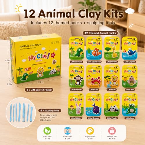 Air Dry Clay Kit, 12 Animals Kingdom Modeling Clay for Kids, DIY Model Magic Clay with Tools&Idea Cards, Soft&Non-Sticky, Safe&Non-Toxic Magic Clays, Creatible Art Crafts Toys Gifts for Boys Girls - color: 12 Packs Animal Kingdom Kit