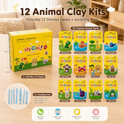Air Dry Clay Kit, 12 Animals Kingdom Modeling Clay for Kids, DIY Model Magic Clay with Tools&Idea Cards, Soft&Non-Sticky, Safe&Non-Toxic Magic Clays, Creatible Art Crafts Toys Gifts for Boys Girls - color: 12 Packs Animal Kingdom Kit