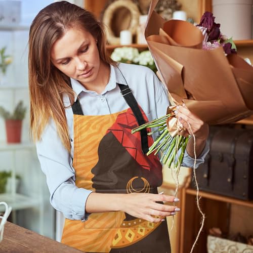 Apron with Pockets, 32x28 inch, for Women Men, African Woman | American Folk Girl Waterproof Adjustable Bib Aprons for Kitchen Cooking Baking Painting Gardening - color: African American Woman