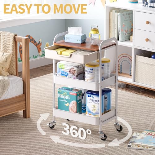 TOOLF 3 Tier Rolling Cart with Drawer, Metal Utility Storage Cart, White | Wooden Tabletop, Lockable Metal Wheels, Trolley Organizer for Bathroom, Kitchen, Office, Nursery, Dorm, Laundry, Craft Room - color: White